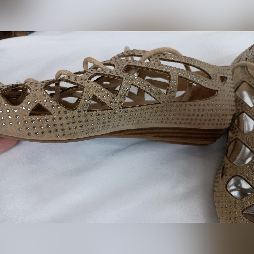MIA Y3K Elegant Tan Cutout Women's Summer Bling Lace up Sandals (#12) - Picture 3 of 5